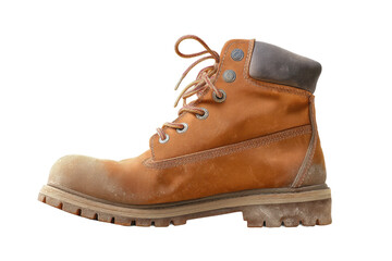 Worn leather work boot with laces and scuffed sole on black background, cut out