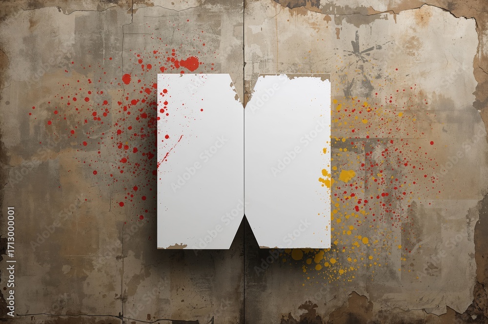 Aufkleber irregular shape featuring scattered red and yellow color splashes on a grungy backdrop with a vacant