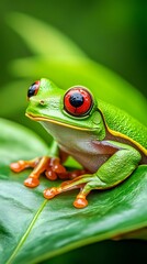 Naklejka premium Red eyed tree frog perched on vibrant green leaf in rainforest