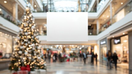 Blank digital display in shopping mall with decorated Christmas tree and blurred people background. Advertising mockup billboard for boxing day marketing and promotion campaigns
