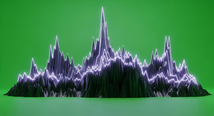 Dynamic glowing mountain peaks illustrate volatile financial markets or abstract data visualization
