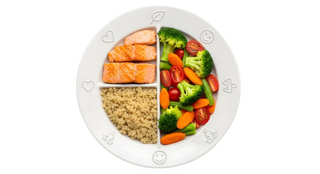 A balanced meal on a divided plate isolated on transparent background promotes healthy eating
