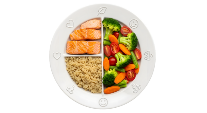 A balanced meal on a divided plate isolated on transparent background promotes healthy eating
