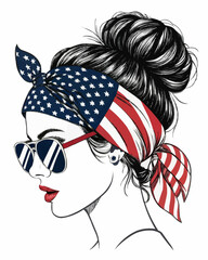 Illustration of a woman with a messy bun, sunglasses, and an american flag bandana tied around her head