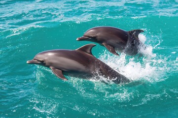 Naklejka premium Dusky Dolphins twist and twirl while leaping through the ocean