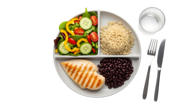 Balanced healthy meal on a divided plate isolated on transparent background, top view