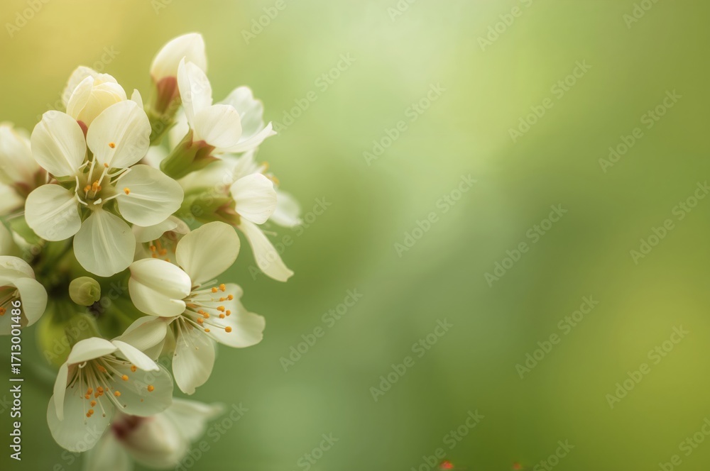 Aufkleber macro close-up of light yellow spring flowers with a soft green background and space for text