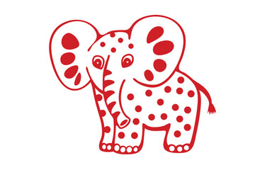 Adorable red polka dot elephant stands against white background with big ears and gentle smile