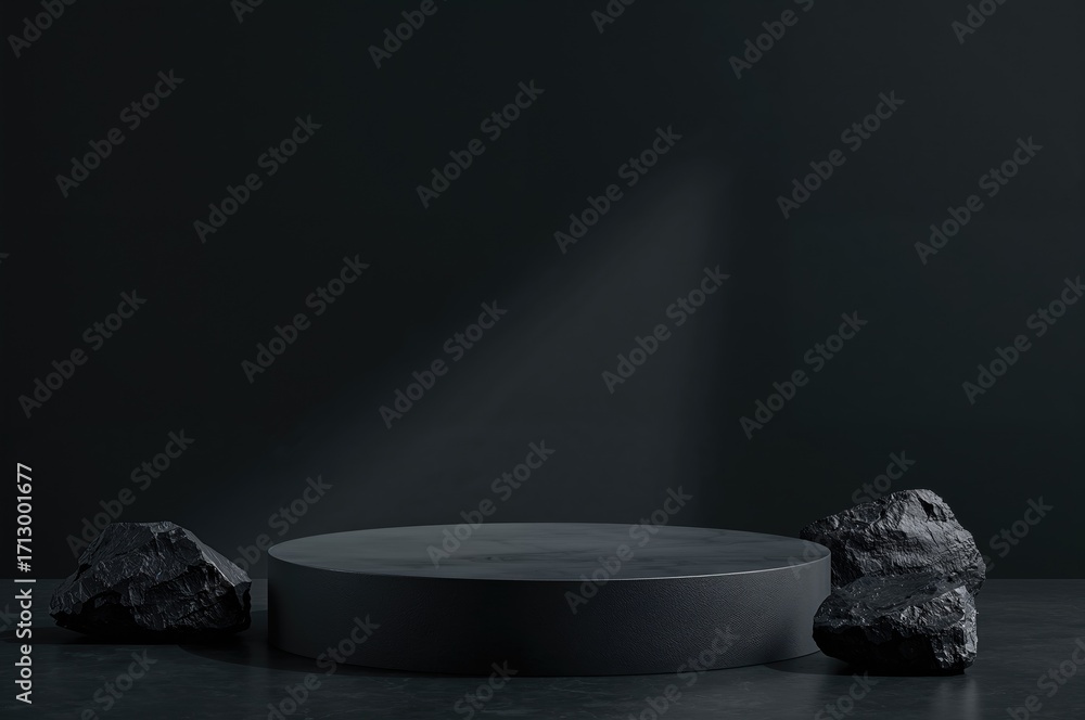 Poster dark textured stones arranged for product display on a muted gray backdrop with subtle highlights.
