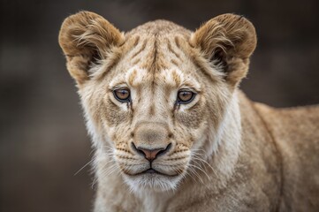 Close-up of a juvenile lion's face with a blurred background