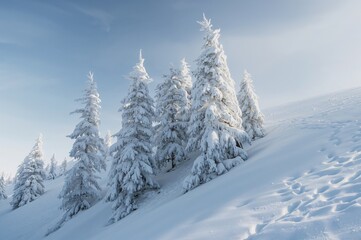Group of icy trees blanketed in snow on a frosty hillside