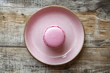 Soft pink ceramic plate with a vibrant macaron, a rustic wooden background giving it a cozy vibe