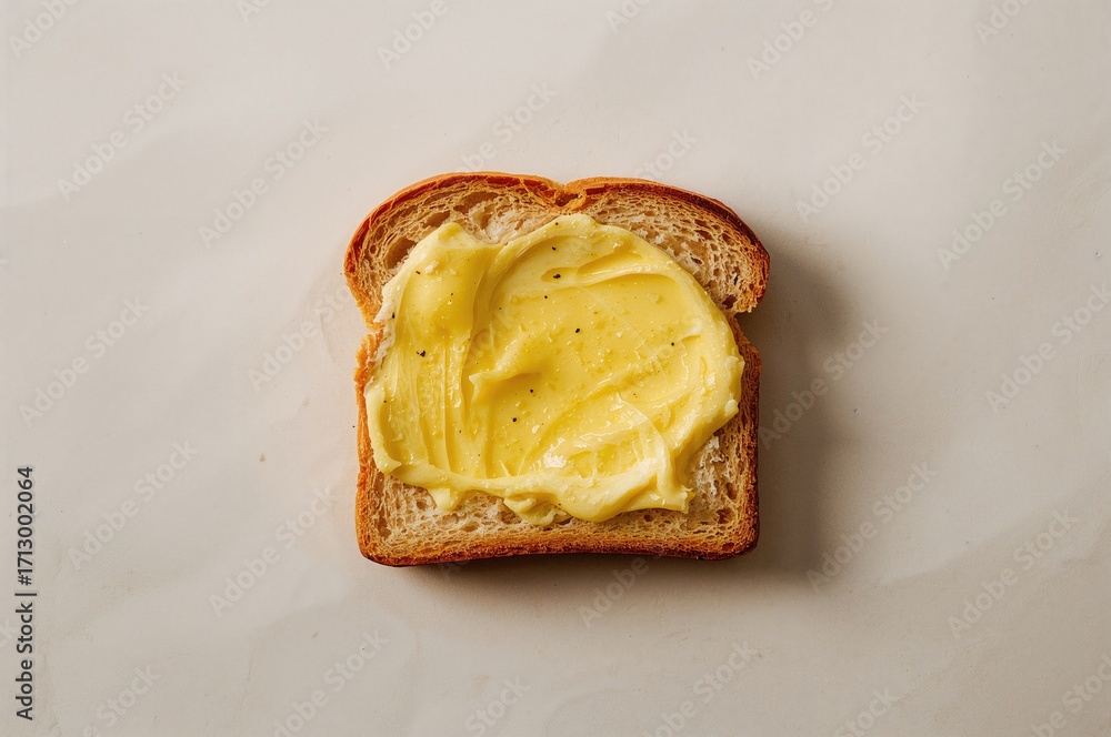 Poster top-down view of buttered bread on a plain surface