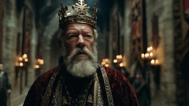 A king is shown in a medieval castle, highlighting his authority and elegance