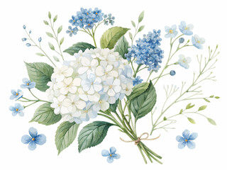 Watercolor floral bouquet featuring white hydrangeas and delicate blue forget me not flowers artfully arranged