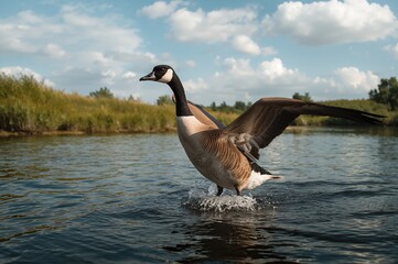 Obraz premium Goose Soaring Above the Flowing River