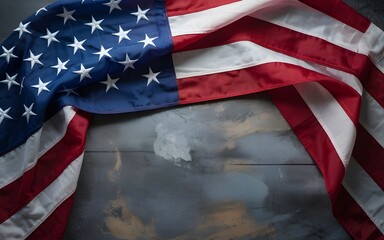 Closeup of a draped american flag on a dark, weathered wooden surface, evoking a sense of history and tradition