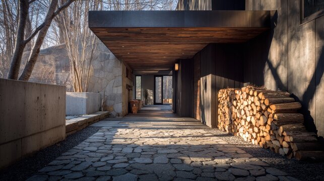 Modern rustic cabin entrance with stacked firewood in a tranquil forest setting