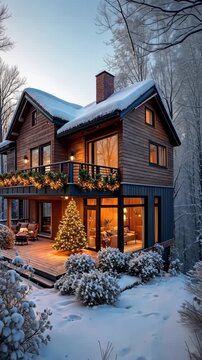 Cozy cabin with a Christmas tree in the living room. The house is surrounded by snow and has a warm, inviting atmosphere