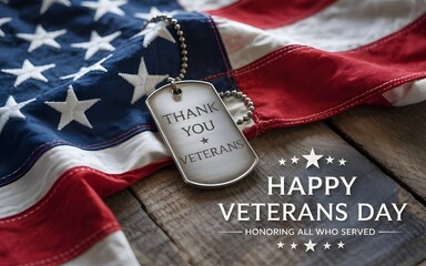 Happy veterans day with a dog tag that says thank you veteran on a us flag and wooden background, honoring all who served