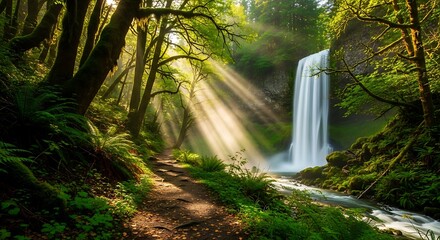 Forest Waterfall Sunlight Path.