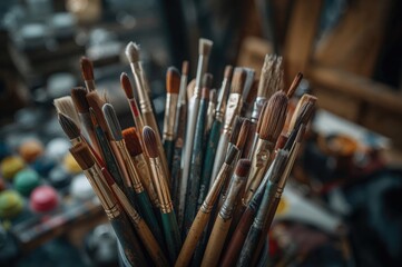 Fototapeta premium Frequently Utilized Brushes for Painting in an Art Workshop