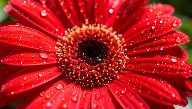 Close-up of a vibrant red gerbera daisy covered in water droplets - Powered by Adobe