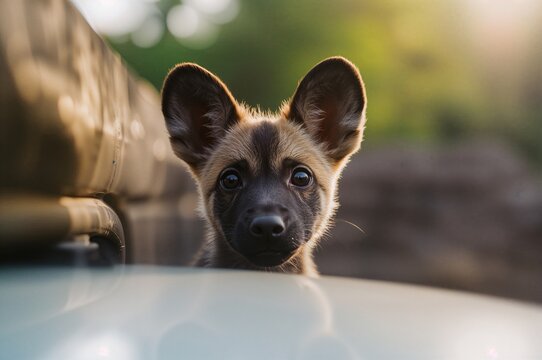A young wild dog approaches the car for a closer inspection