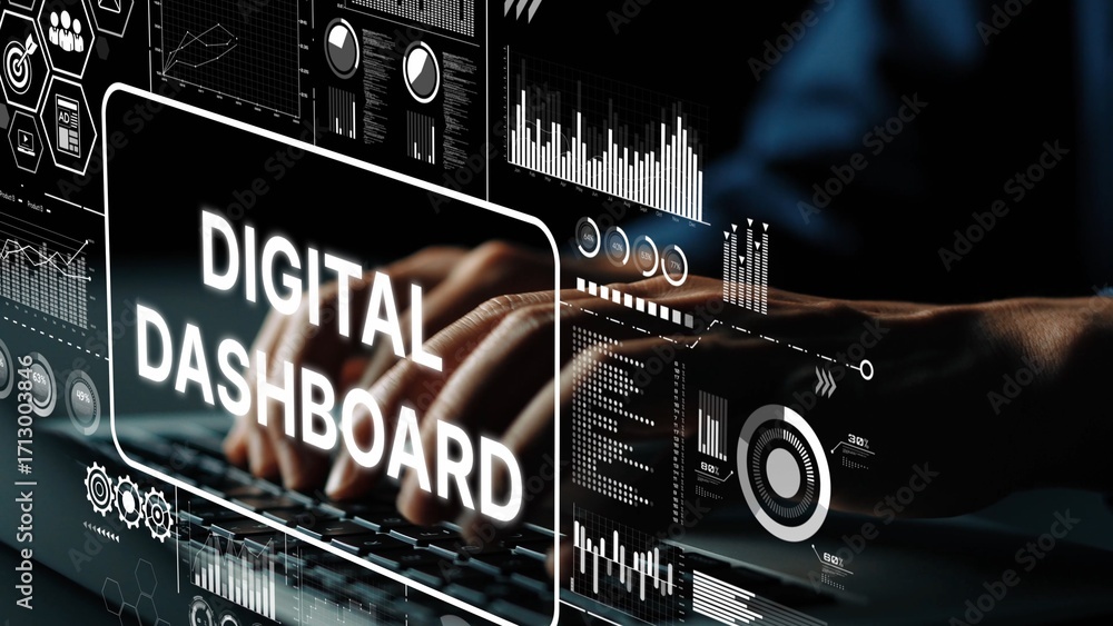 Leinwandbilder hands typing on laptop with digital dashboard interface displaying data analysis and graphs in moder