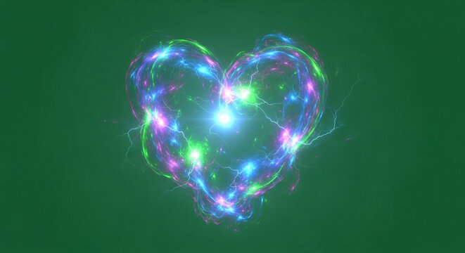 Vibrant energy heart pulsing with electric light and color, symbolizing passion and life force