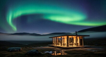 Aurora Borealis over a modern glass house in a misty landscape