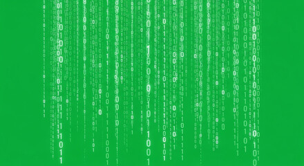 Dynamic digital rain of white binary code cascades on vibrant green background