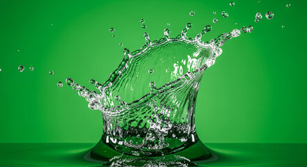 Dynamic green water splash frozen in time creating a vibrant crown shape with small droplets
