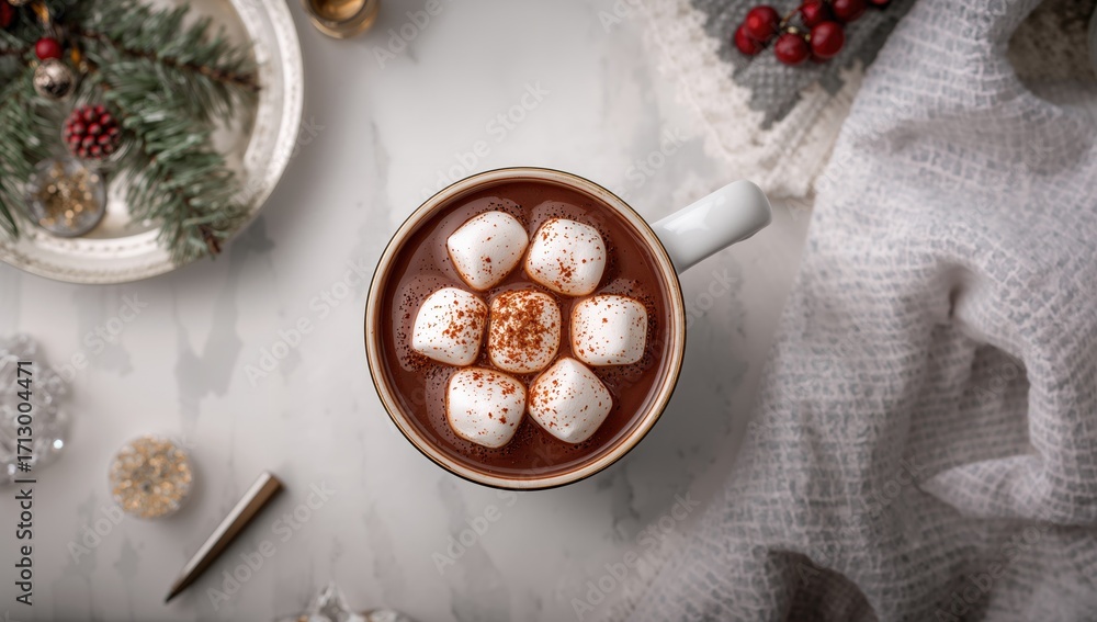 Poster warm spiced cocoa topped with marshmallows and sprinkled cocoa on a white marble surface, overhead v