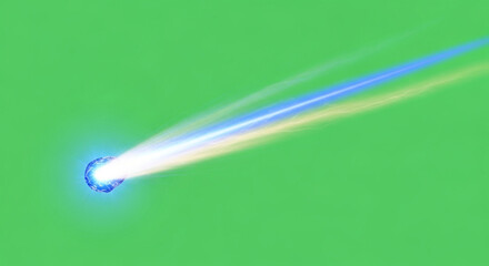 Fiery cosmic energy stream bursts from glowing blue sphere across green screen background