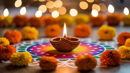 Lit diya on a colorful rangoli with bokeh lights lamp