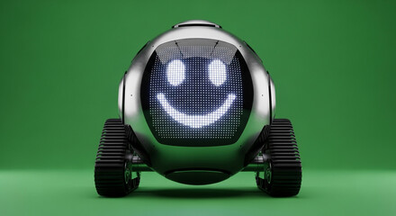 Friendly futuristic robot with happy smiley face display on tracks, ready for service