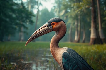 Fototapeta premium Openbill stork wading in marshland
