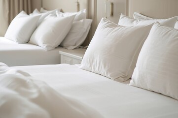 Spotless White Bedding and Pillows Elegantly Set Up in a Guest Room