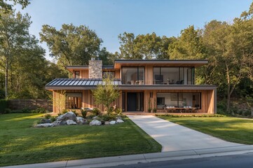 Fototapeta premium Modern minimalist two-story home with Nordic design, featuring natural materials and expansive windows