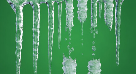 Stunning frozen icicles dripping water and melting ice formations against vibrant green backdrop