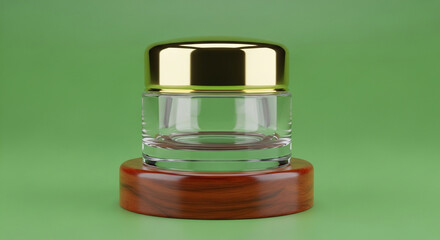 Elegant glass jar with gold lid on wood base, perfect for luxury cosmetics and skincare packaging
