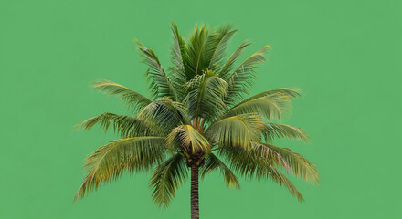 Lush green coconut palm tree isolated on a vibrant solid green background for tropical designs