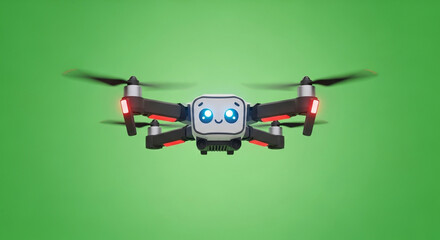 Adorable cartoon drone with big blue eyes and friendly smile flies forward against a vibrant green background