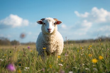 Obraz premium A small-horned white sheep calmly standing and observing