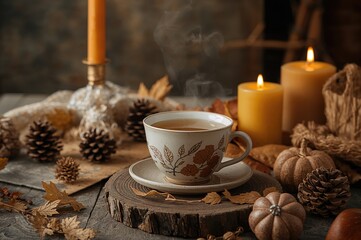 Fototapeta premium Cozy fall arrangement featuring a tea cup and decorative elements against a soft-focus backdrop