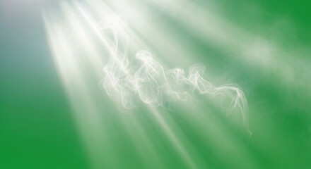 Ethereal light beams pierce through wisps of smoke creating a mystical, tranquil atmosphere