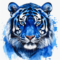 Blue and white watercolor tiger head on white background.