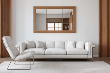 Fototapeta premium A wooden sofa faces a wall adorned with a mirror, accompanied by a chair in the living room