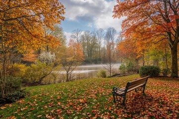Obraz premium Scenic autumn garden featuring foliage, a charming bench, and natural surroundings
